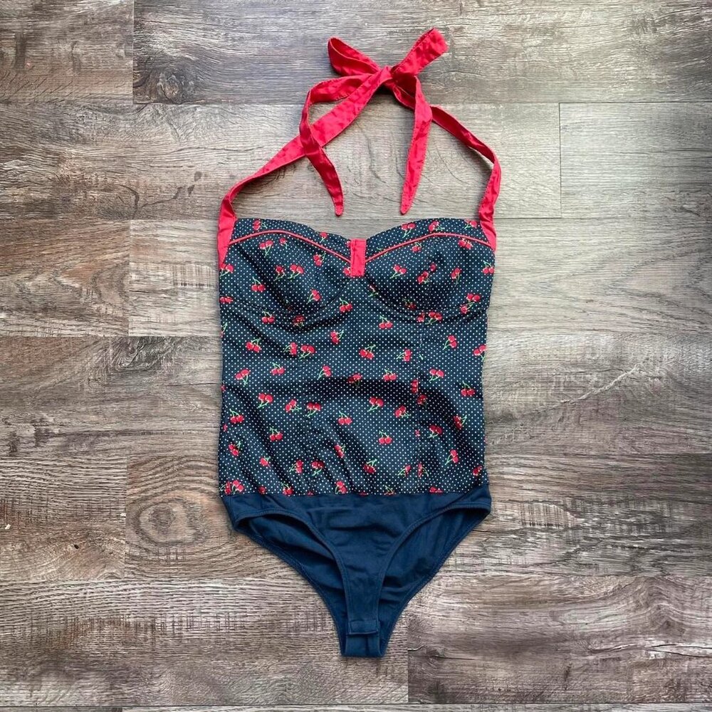 Zara TRF Bodysuit Womens Navy Large 1950s Style Cherry Halter Neck Tie Pin Up